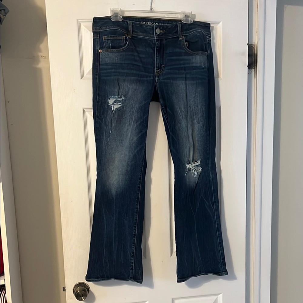 American Eagle Outfitters Distressed Dark Blue Indigo Flare Jeans “Boot Kick” 14
